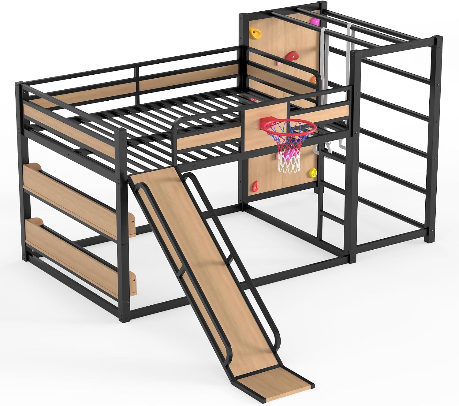 Metal Full Over Full Bunk Bed with Slide & Bookshelf, Heavy Duty Bunk Bed Frame with Basketball Hoop, Pull-Up Rings and Climbing Wall, Playhouse Bunk Beds for Boys and Girls, Yellow