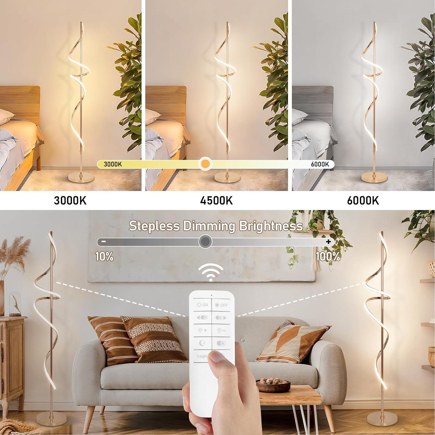 EIDISUNY LED Floor Lamp for Living Room, 60 inches Spiral Floor Lamp with Remote Control, 48W, 3 Color Temperatures,Dimmable, for Bedroom, Office Gold