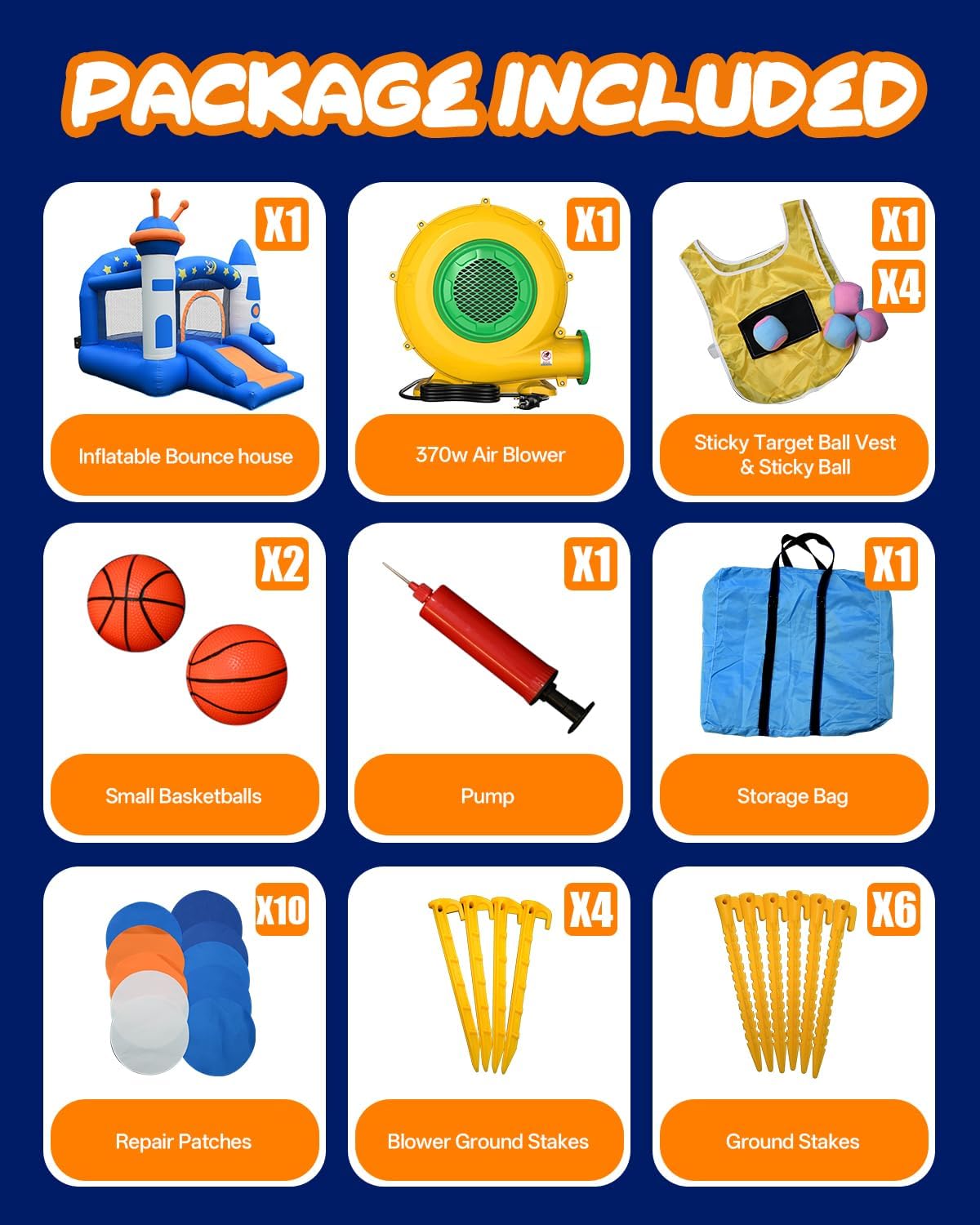 Bounce House, Kid Inflatable Bounce House with Slide, Space Rocket Themed Bouncy Castle for Kids 3-6, 370W for Indoor & Outdoor Play, Backyard Birthday Party with Basketball Hoop