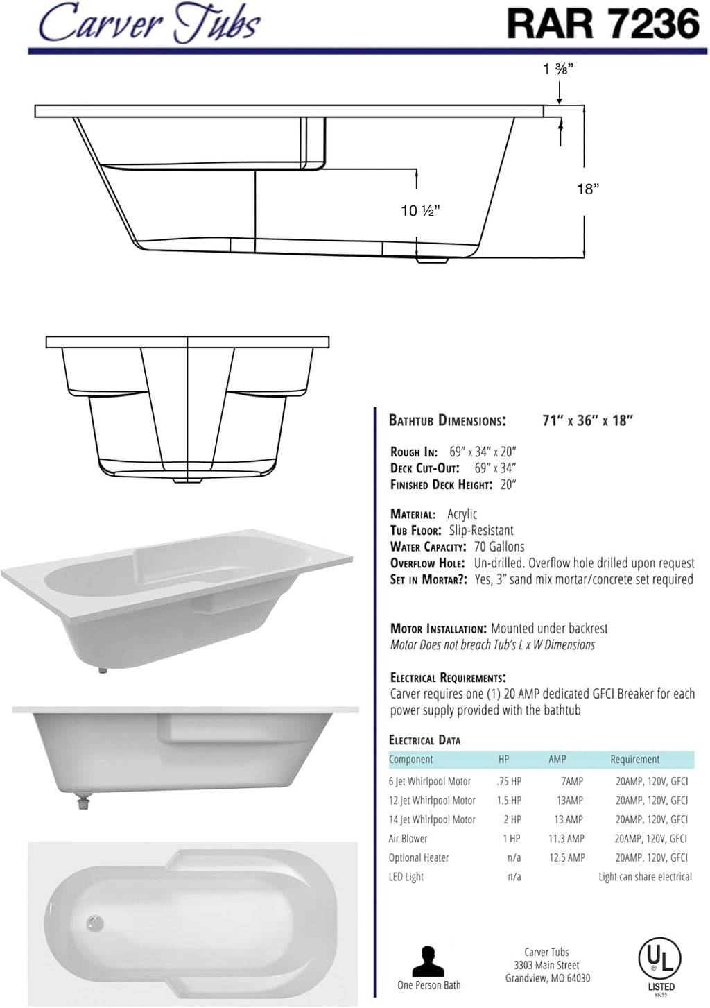 Carver Tubs - RAR7236 - Modern Fiberglass Whirlpool Water Massage Bathtub, With 12 Heater Air Jets - White Acrylic Rectangle Bath Tub - Left End Drain - Deep Relaxing Soak - 72'L x 36'W x 18'H