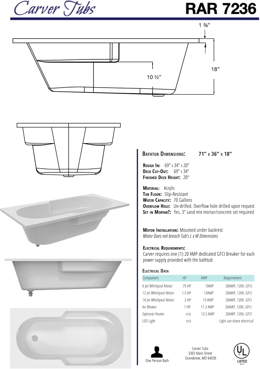 Carver Tubs - RAR7236 - Modern Fiberglass Whirlpool Water Massage Bathtub, With 12 Heater Air Jets - White Acrylic Rectangle Bath Tub - Left End Drain - Deep Relaxing Soak - 72'L x 36'W x 18'H