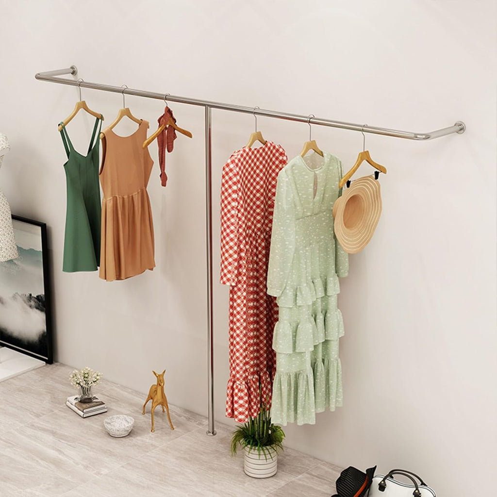 Industrial Pipe Silver Wall Mounted Garment Rack with T Shaped Display Stand for Heavy Duty Closet Storage and Retail Clothing Organization
