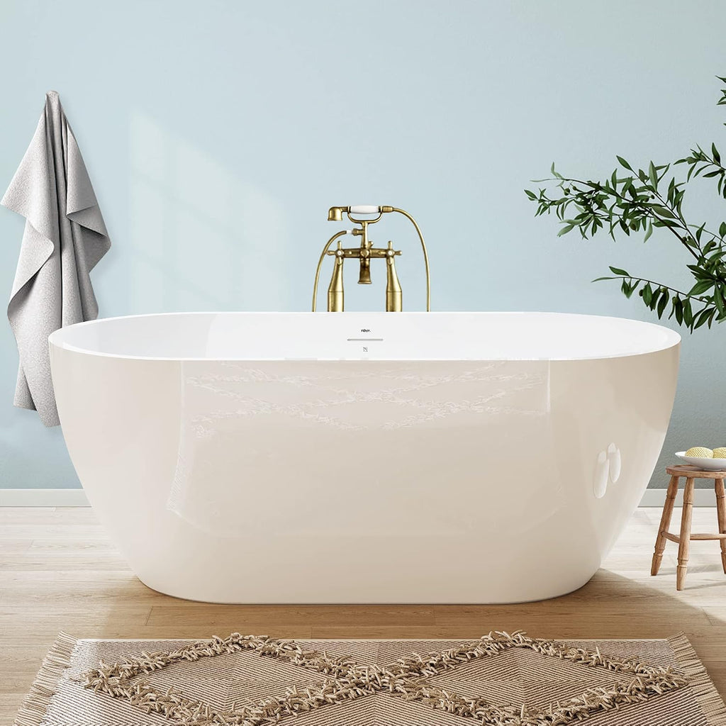 FerdY 59' Bali Elite Acrylic Freestanding Bathtub, Gracefully Shaped Freestanding Soaking Bathtub, cUPC Certified, Toe-Tap Brushed Nickel Drain & Minimalist Linear Design Overflow Included