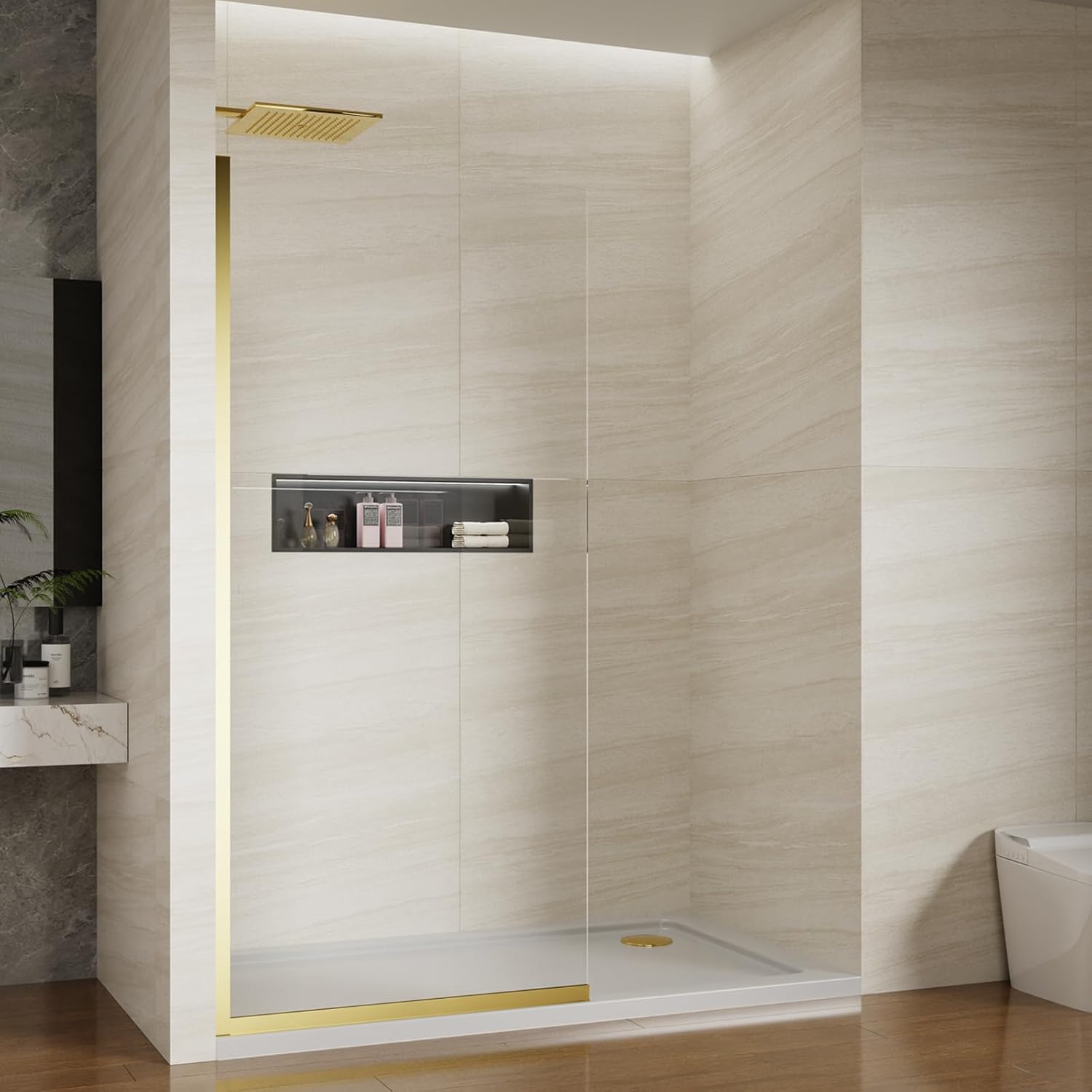 Shower Screen 34' x 74' Half Frameless Shower Wall Panel, Tempered Glass 3/8 inch, Easy to clean Coating, Fixed Glass Shower Door with Hardware (Brushed Gold)