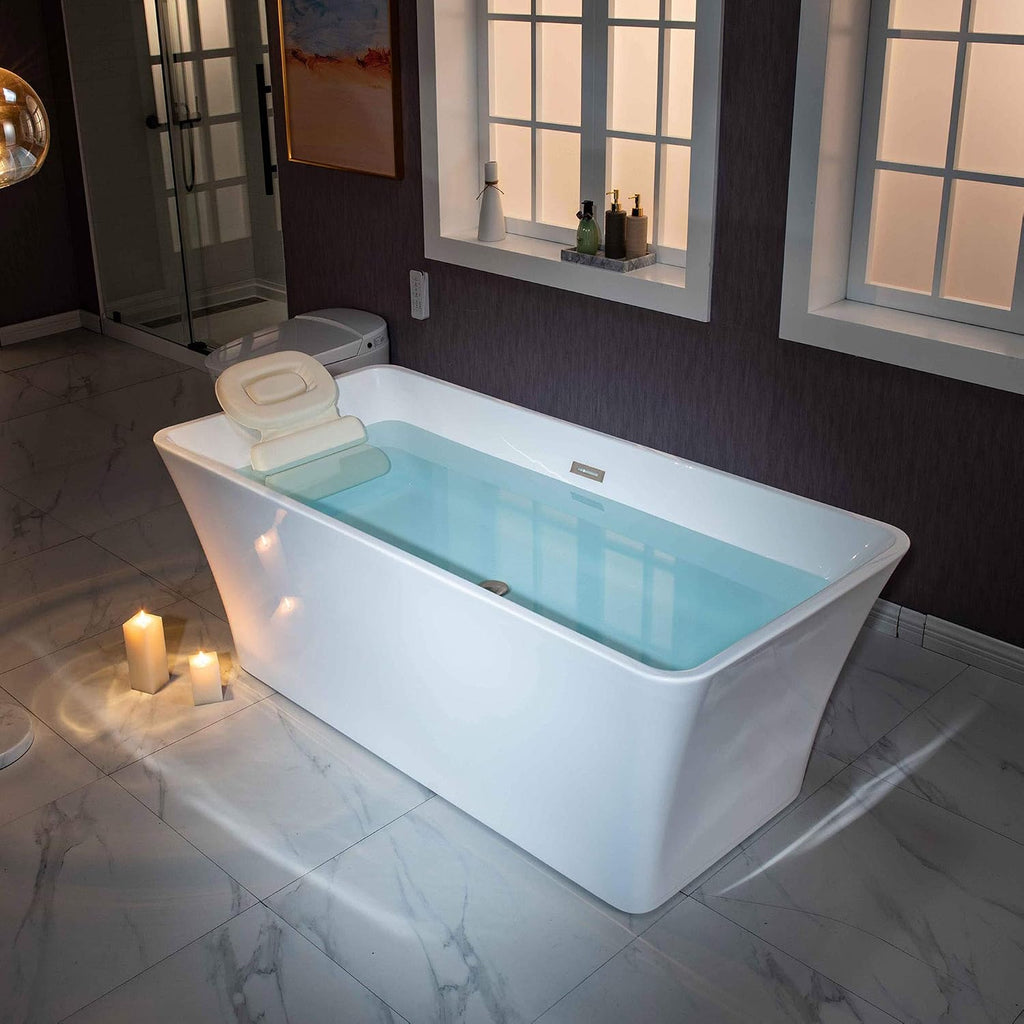 WOODBRIDGE 59'Freestanding White Acylic Soaking Bathtub with Brushed Nickel Drain and Overflow,BTA1509 -B/N-Drain &O