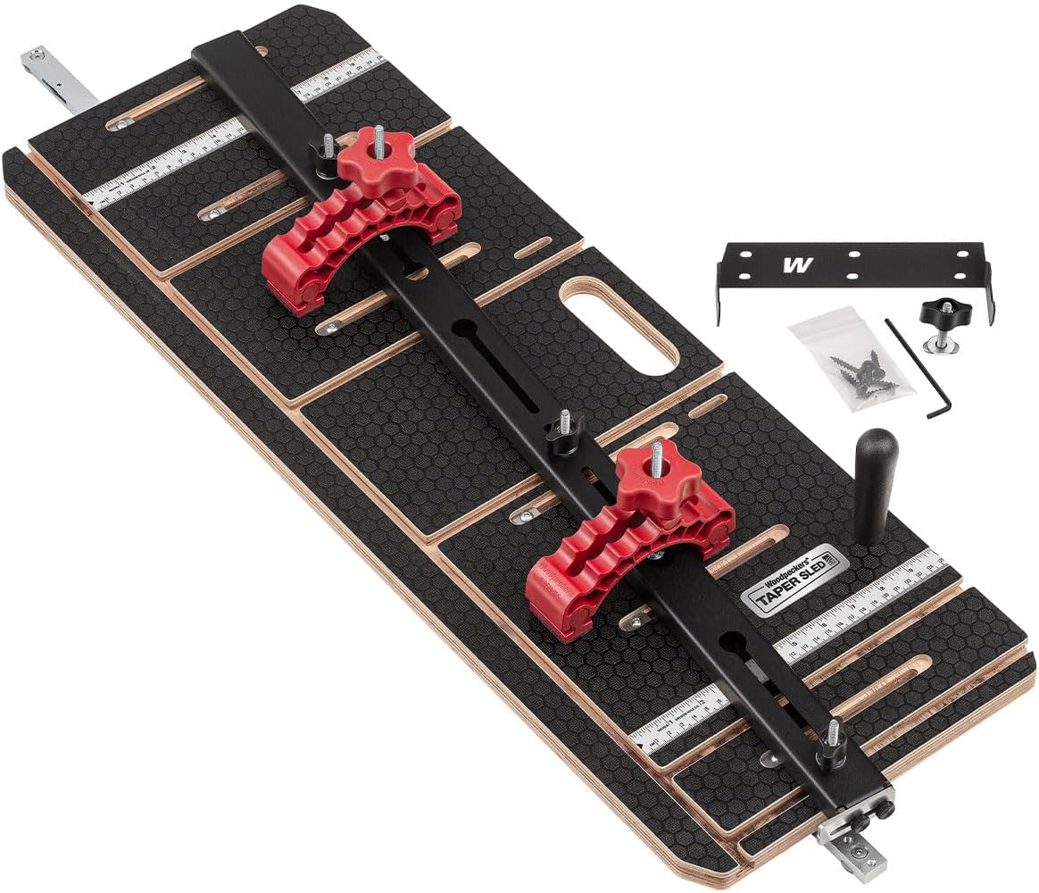 Woodpeckers Taper Sled, Table Saw Taper + Straight Line Jig, Perfect for Chair + Table Legs & Edge Jointing, Features 37' Miter Bar & 2 Hold-Down Clamps + Steel Fence TSL-32
