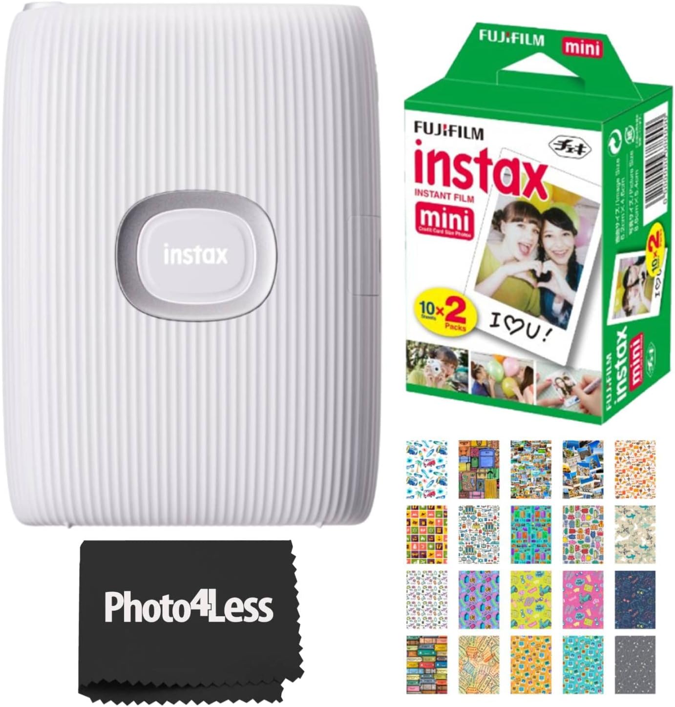 Fujifilm Instax Mini Link 2 Smartphone Printer Clay White Bundle with Fujifilm Instax Mini Twin Pack Instant Film and 20 Sticker Frames