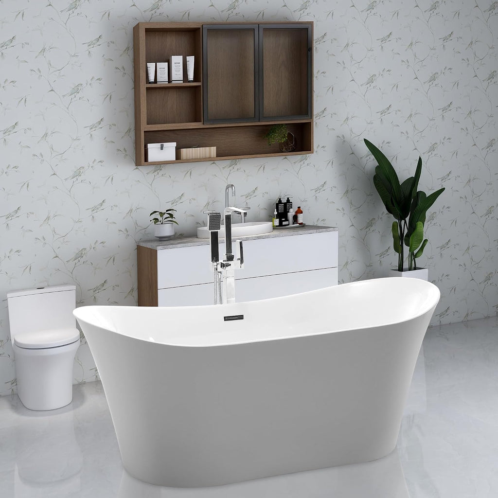 HomeBeyond 67 Inch Free Standing Bathtub | Acrylic Freestanding Soaking Tub deal for Spa-Like Baths, Modern Bathroom Stand Alone Tub Suitable for Couples, Singles, and Families, White