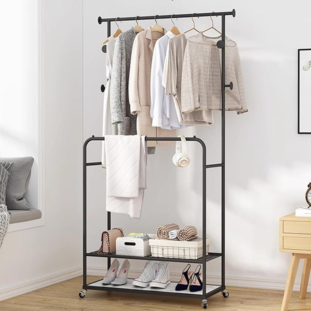 Heavy duty Garment rack Double Rods Clothes Rack With Wheels, Heavy Duty Metal Clothing Rack For Hanging Clothes, Multi-functional Coat Rack With 2 Shelves And 4 Hooks,Clothes Organi (Black 100X30X17