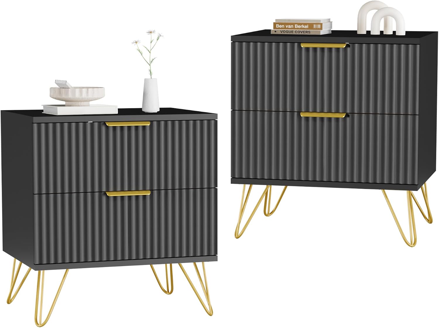Set of 2 Black Nightstand, Modern Night Stand Bedside Table with 2 Storage Drawer, Bed Side End Table with Golden Handles and Legs for Bedroom, Black