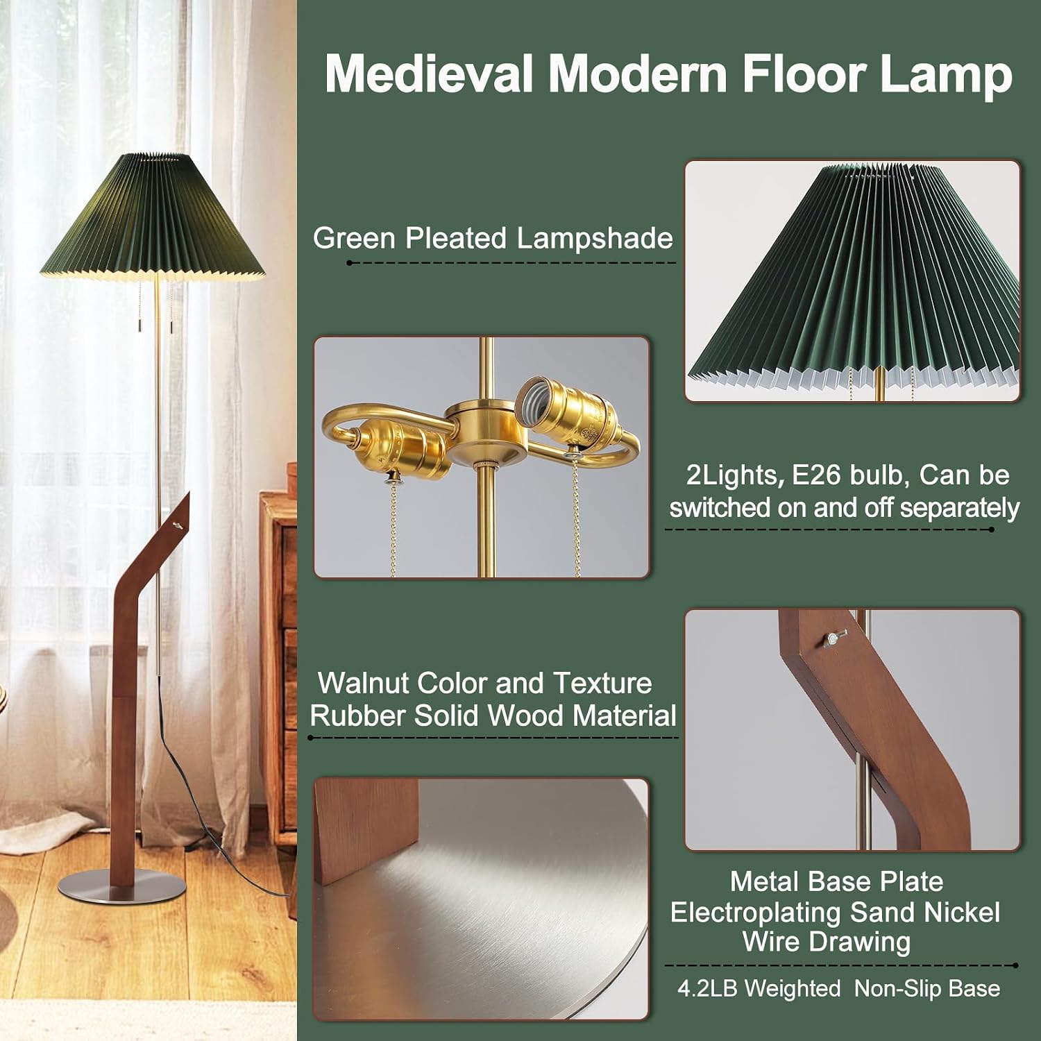 Mid Century Modern Wood Floor Lamp, Green Pleated Lampshade | Height Adjustable, Living Room, Study Room, Bedroom, Office,Sand Nickel,Tall Standing Dual Lamp Heads