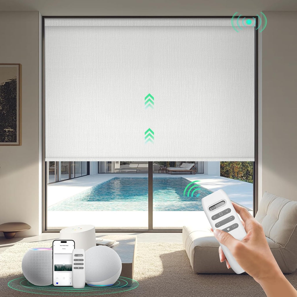 HeyBlinds Motorized Blinds with Remote, 100% Blackout Smart Blinds, Automatic Shades for Windows Compatible with Alexa Google and Homekit, Custom Size(Grace-Perla White BO)