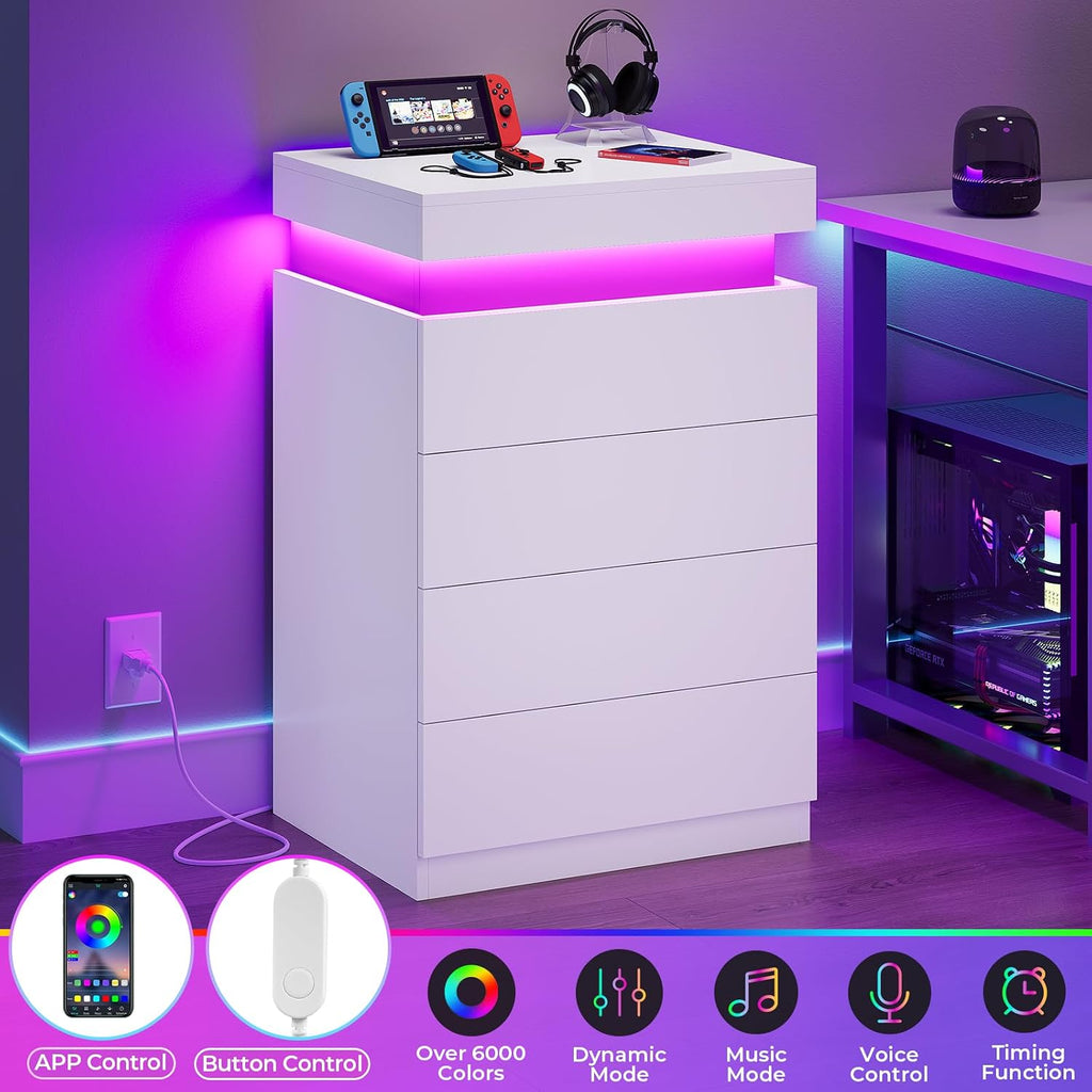 ADORNEVE White Night Stand Set of 2,Nightstand with Charging Station & LED Light & Sliding Top,Bedside Table with Drawers,Modern Bed Side Tables Bedroom