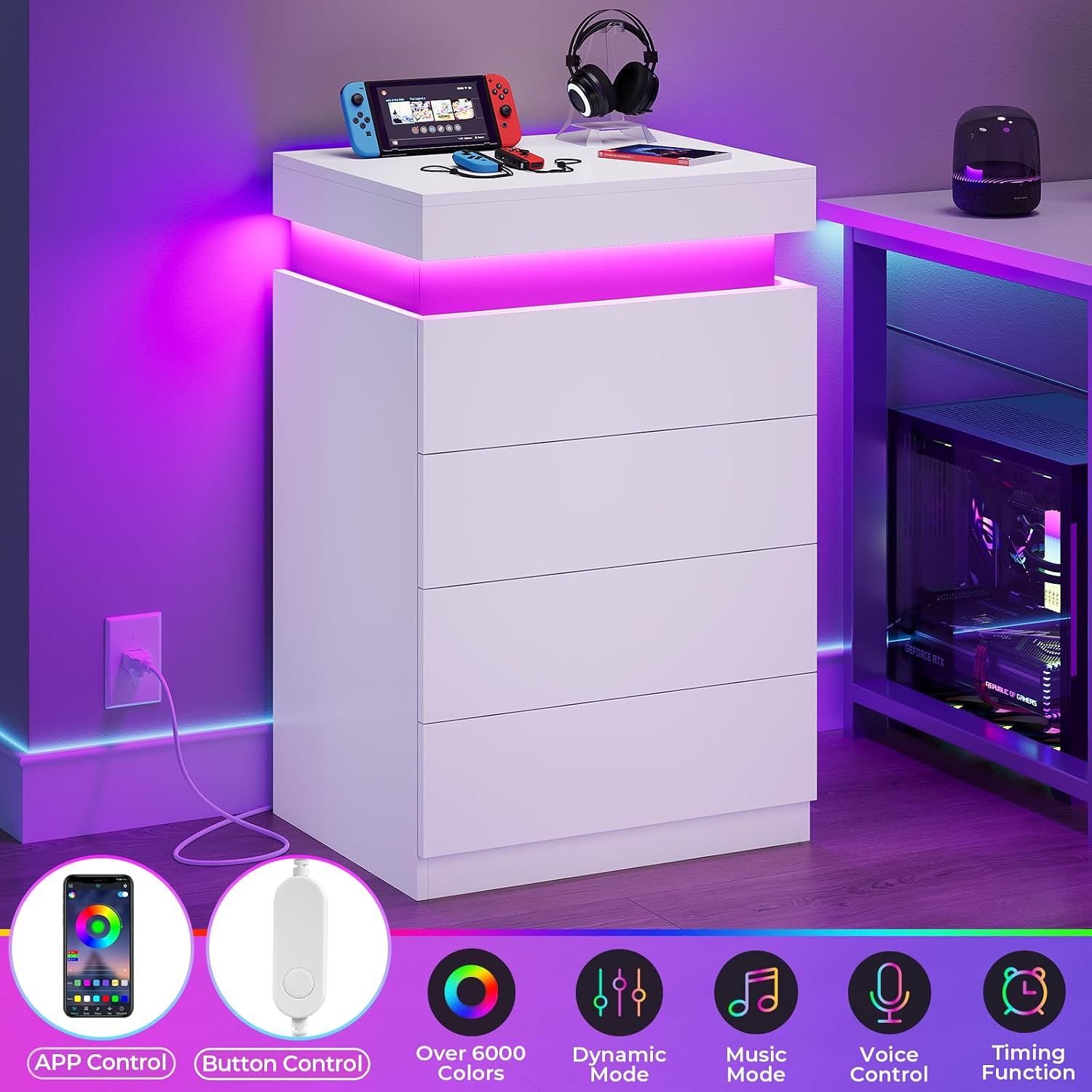 ADORNEVE White Night Stand Set of 2,Nightstand with Charging Station & LED Light & Sliding Top,Bedside Table with Drawers,Modern Bed Side Tables Bedroom