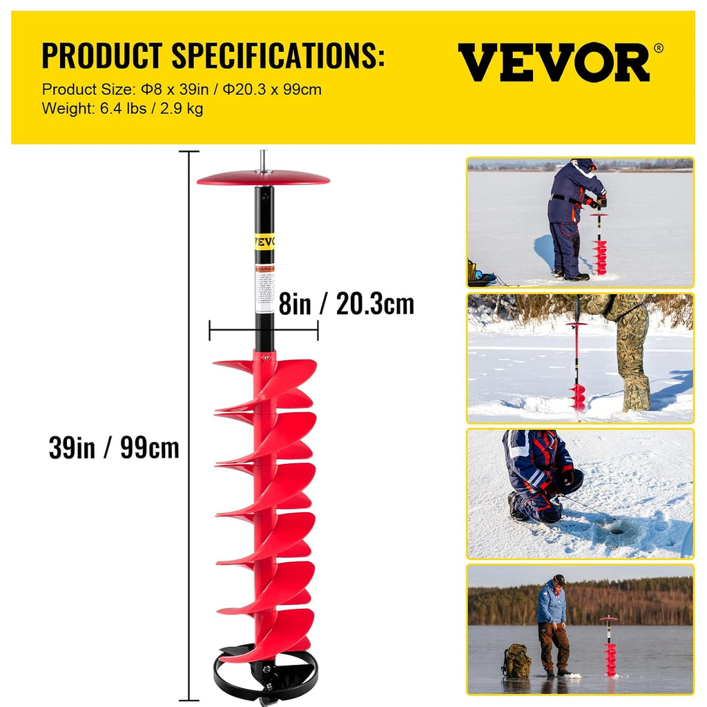 VEVOR Ice Auger, 8' Diameter Ice Fishing Auger Drill Bit, 39' Length Nylon Corless Ice Augers for Ice Fishing with Extra 11.8' Extension Rod, Drill Adapter, Top Plate and Blade Guard