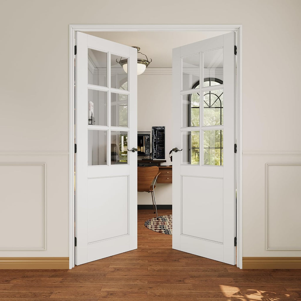 French Door 56' x 80' (Double 28' x 80') 6-Lite Clear Glass Door Slabs with Pre-Hung Jamb, Black Hinges, Levers and Latch, White Primed, French Interior Doors with Frame, Swing Double Bedroom Doors