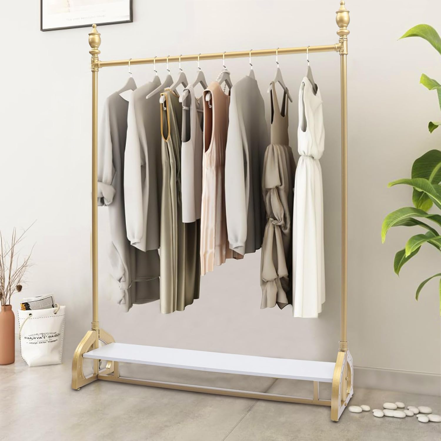 Clothes Rack on wheels, Gold Clothing Rack with Bottom Wood Storage Shelf, Heavy Duty Metal Frame Pipe Industrial Rolling Garment Rack for Hanging Clothes, Coats, 47' L x 16' W x 67' H
