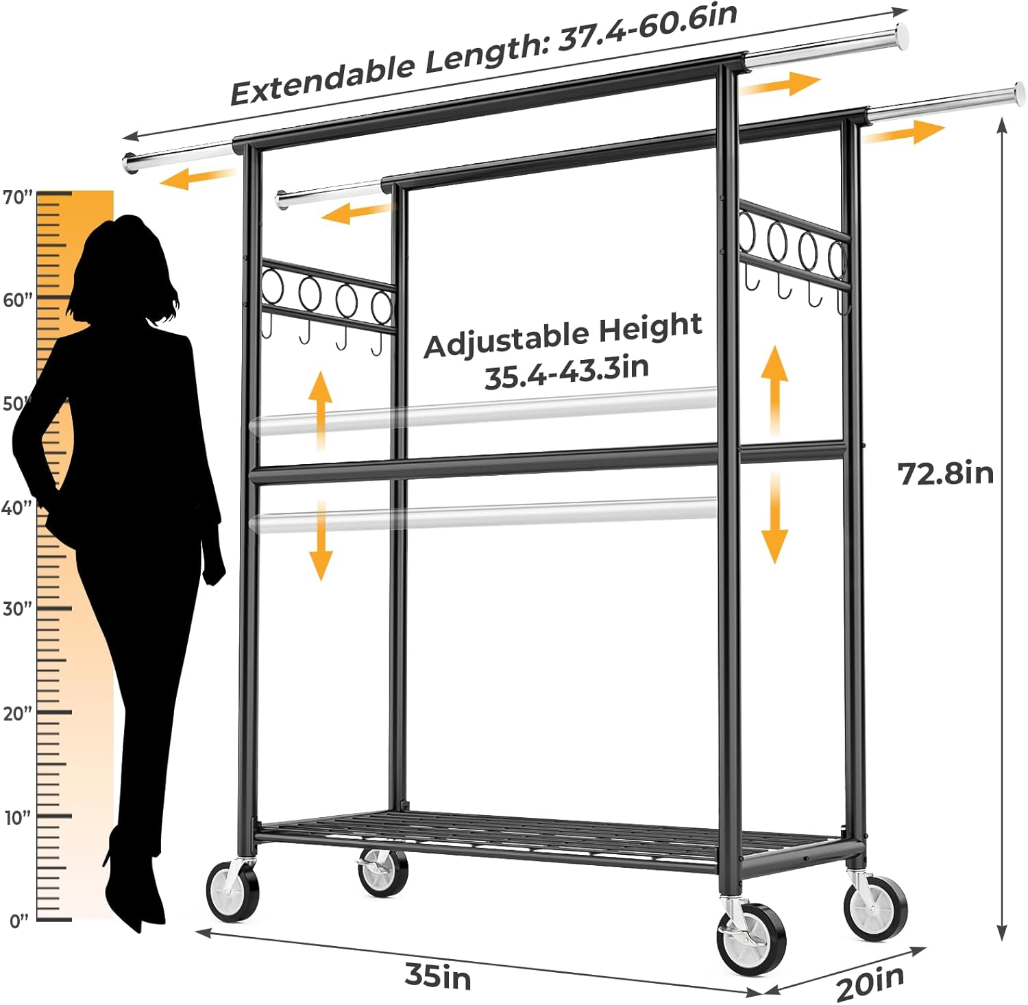 Heavy Duty Clothes Rack Load 1060LBS, Four Rods Rolling Clothing Racks for Hanging Clothes, Rolling Garment Rack With Sturdy Wheels Shelves Hooks, Portable & Adjustable Commercial Garment Rack, Black