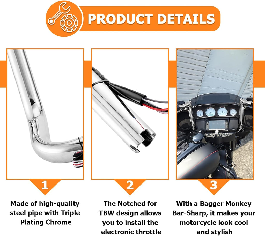 Mofun 14' Ape Hangers Pre-wired Handlebars 1 1/4' Compatible with Harley Touring Street Glide Electra Tri Glide Ultra Limited with Batwing Fairing 2014-2023, Chrome