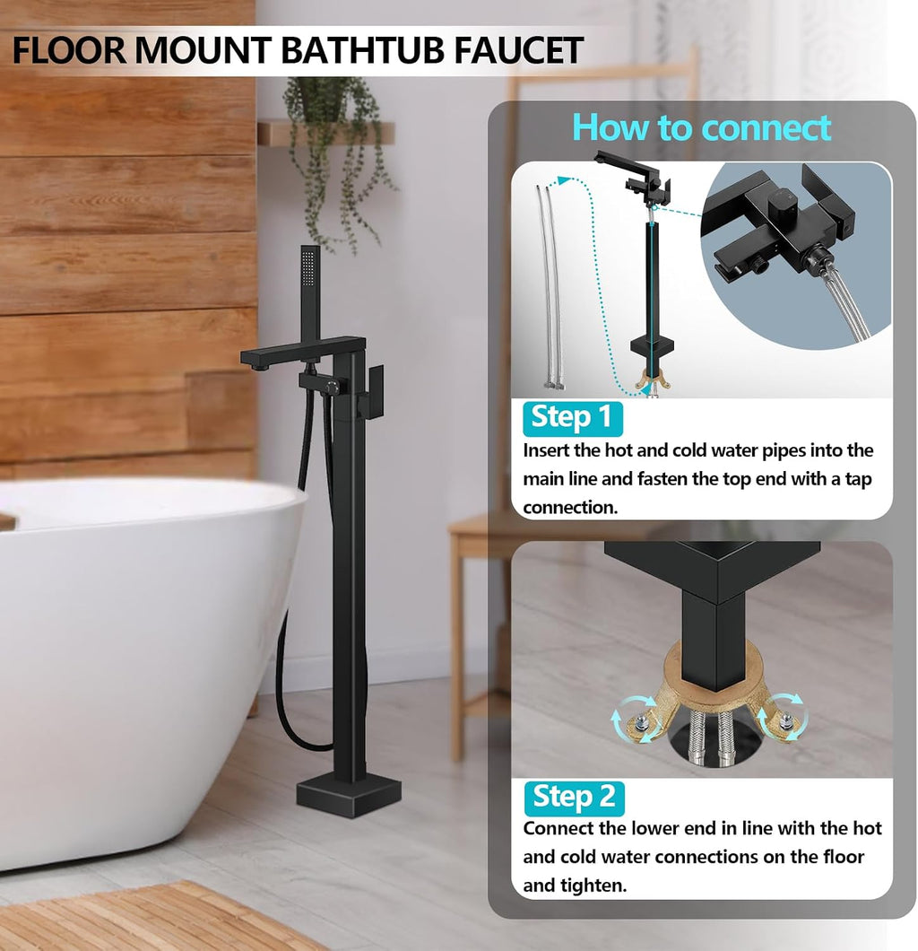 Dollate Matte Black Bathtub Filler Freestanding Tub Filler Floor Mount Tub Faucet, Waterfall floor standing bathtub filler faucet with hand sprayer and swivel tub sprayer