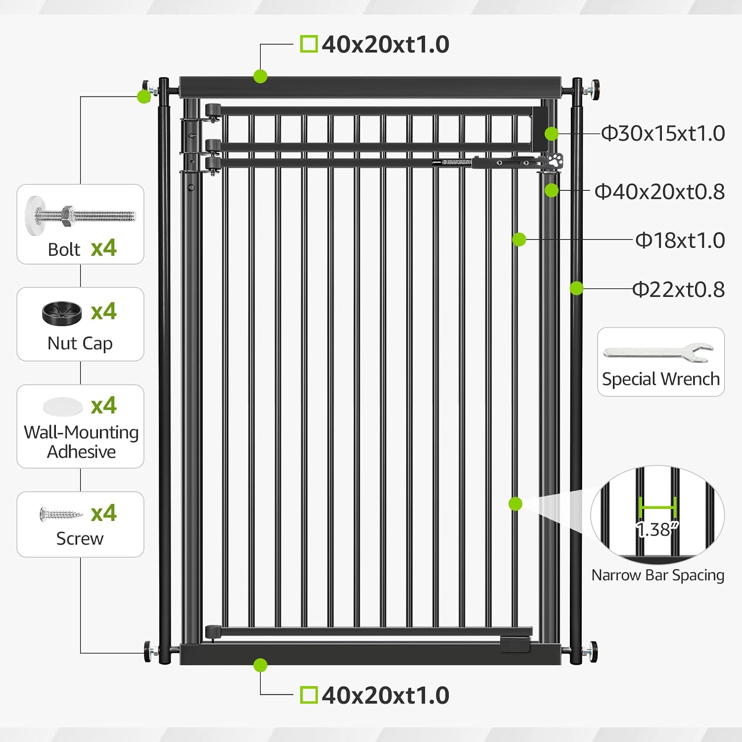 78.8' Extra Tall Cat Gate, 28.3-33' Wide Safety Metal Cat Door, Pressure Mounted Easy Walk Through Pet Gate with Door for Stairs, Doorways (Black)