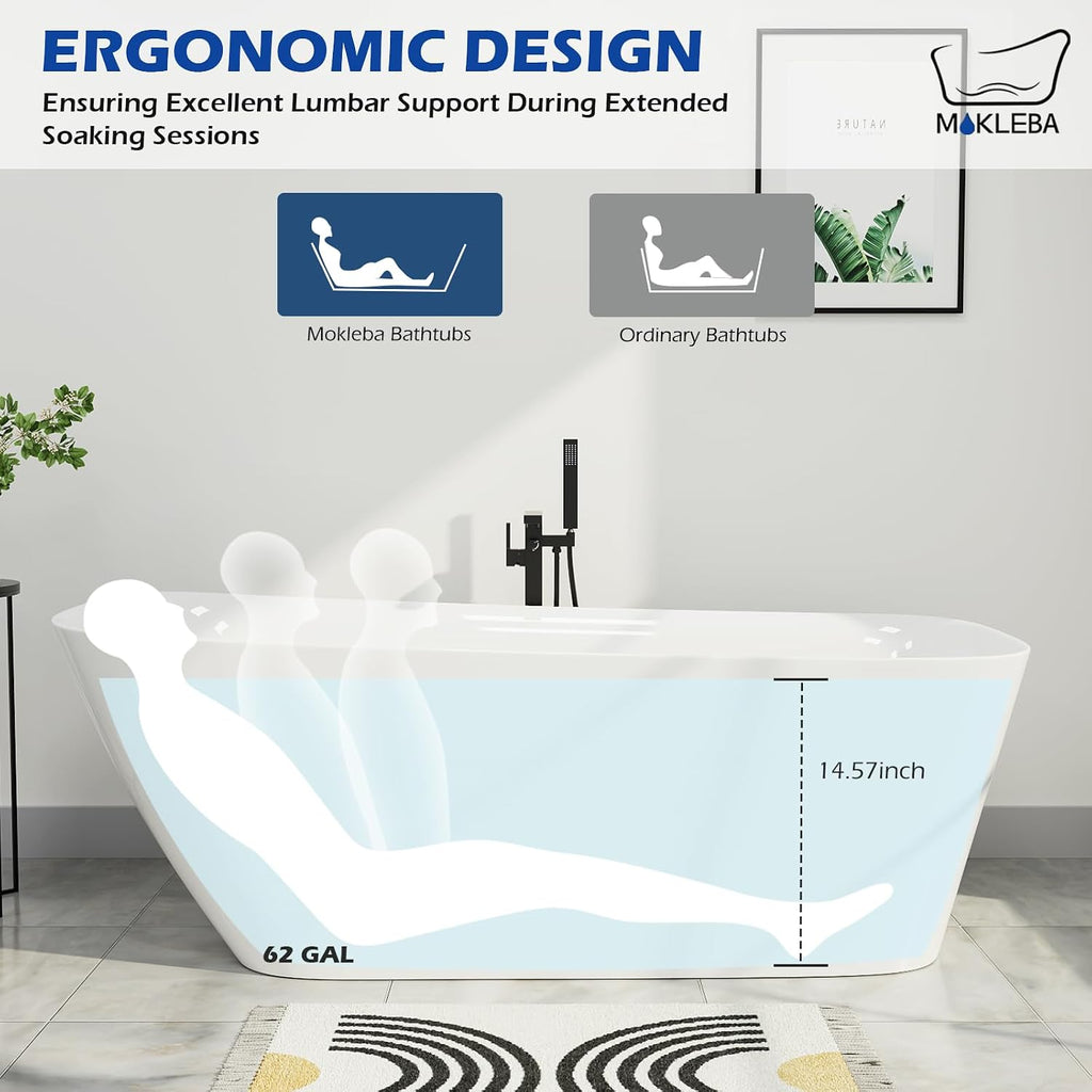 59' Acrylic Freestanding Bathtub, Single Slipper Free Standing Tub, Soaking Tub with Integrated Slotted Overflow, Toe-Tap Chrome Drain, cUPC Certified, Glossy White