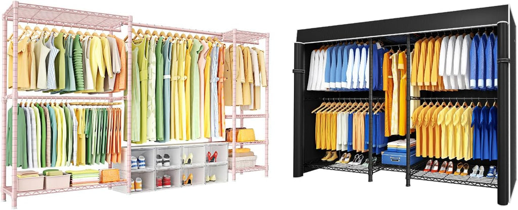 Ulif E10 (With Stretchable Hanger Rod) and E12C (With Black Dustproof Cover) Heavy Duty Closet Organizer System, Freestanding Clothing Rack for Hanging Clothes, Adjustable Garment Rack
