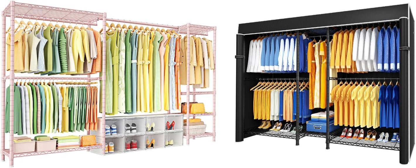 Ulif E10 (With Stretchable Hanger Rod) and E12C (With Black Dustproof Cover) Heavy Duty Closet Organizer System, Freestanding Clothing Rack for Hanging Clothes, Adjustable Garment Rack