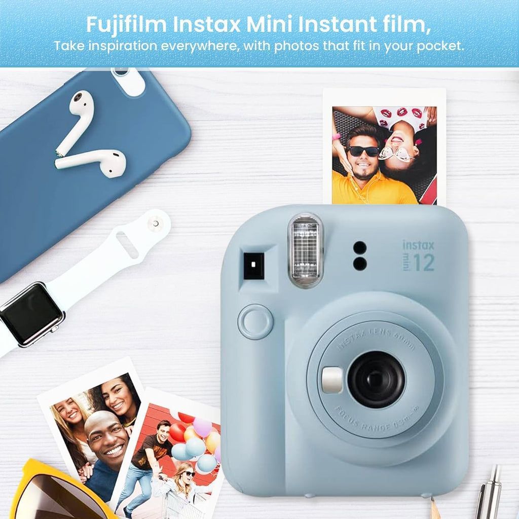 FUJIFILM INSTAX Mini 12 Holiday Bundle 2025 | with Extra Instax Mini Film + 4 Pk AA Batteries & Sunshine Photo Microfiber Cleaning Cloth (10 Items) (80 Sheets, Pastel Blue)