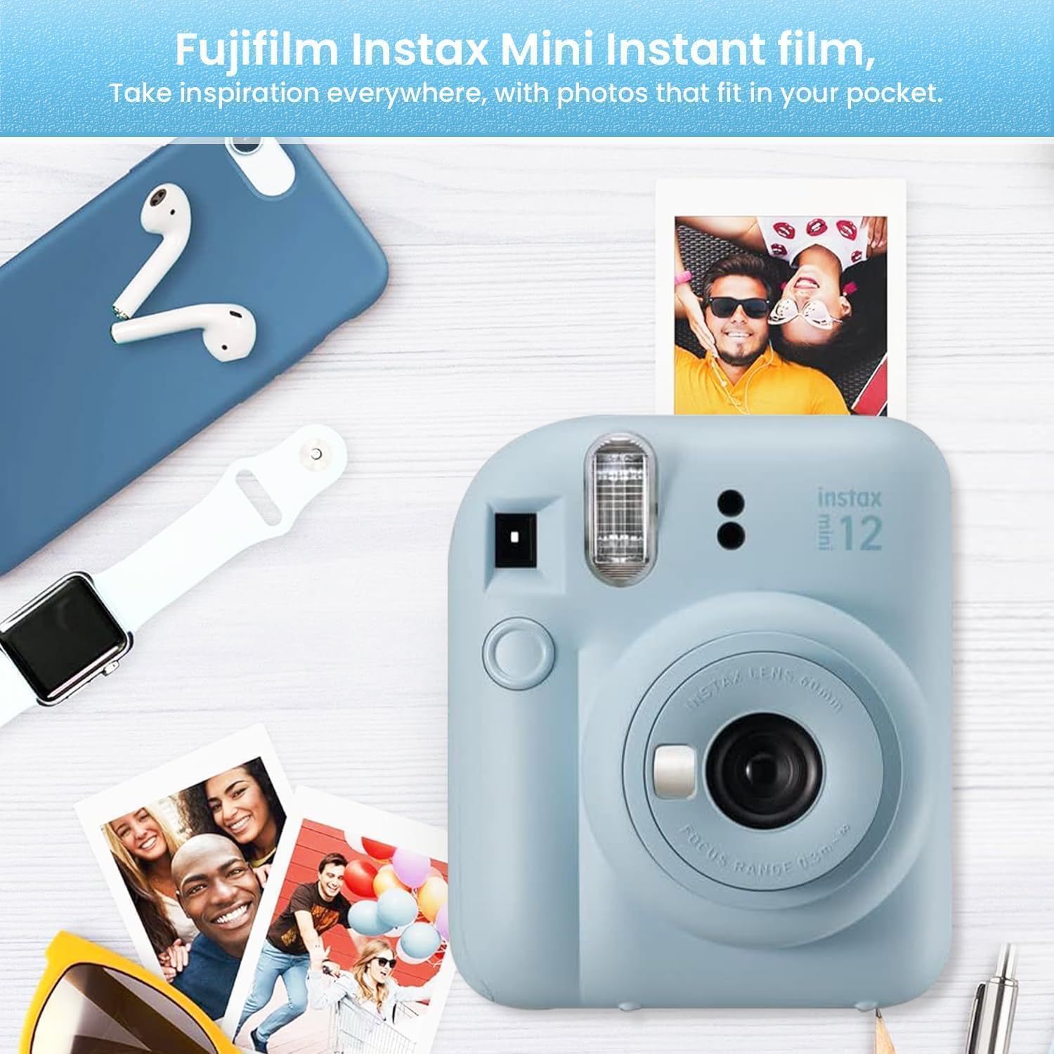 FUJIFILM INSTAX Mini 12 Holiday Bundle 2025 | with Extra Instax Mini Film + 4 Pk AA Batteries & Sunshine Photo Microfiber Cleaning Cloth (10 Items) (80 Sheets, Pastel Blue)