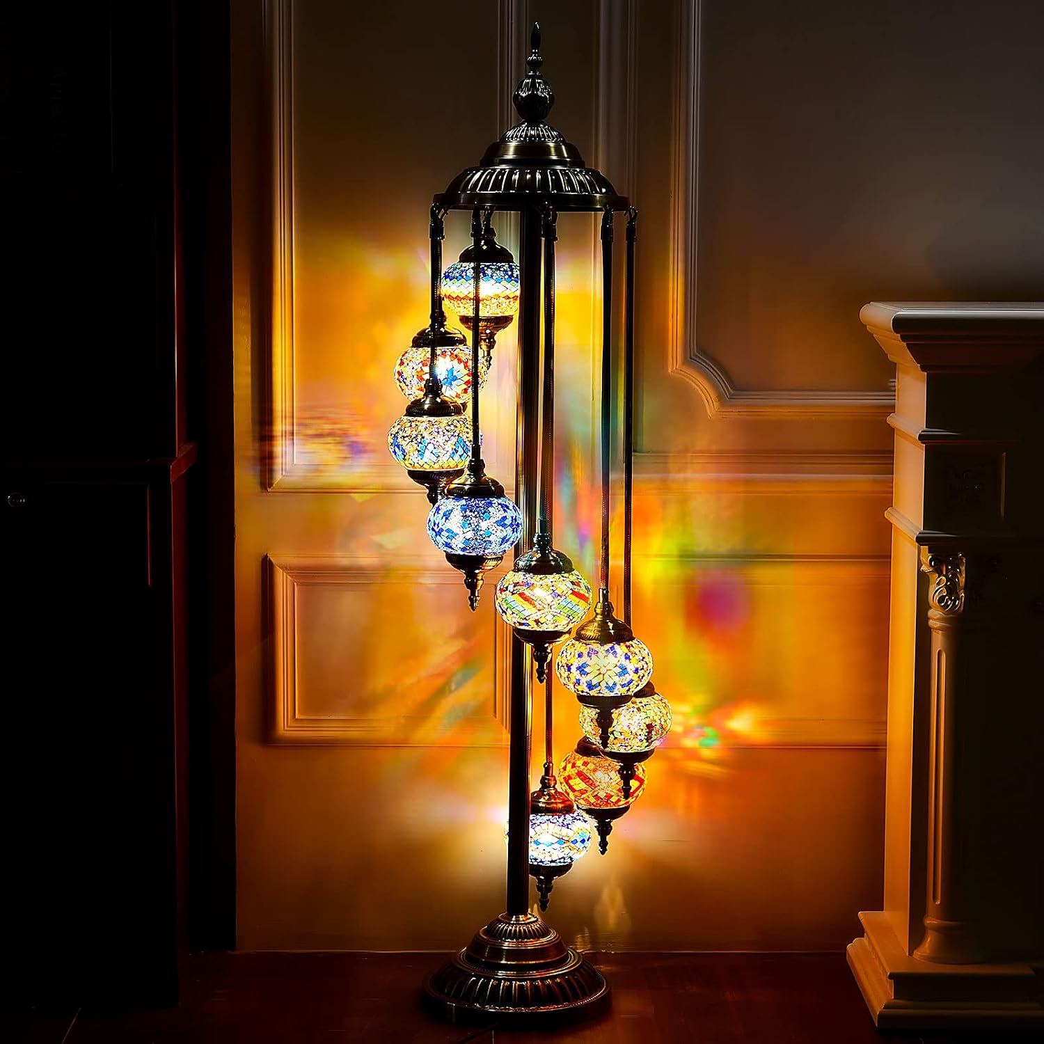 Hortsun Turkish Lamp Moroccan Floor Lamp Handmade Globe Living Floor Lighting Bohemia Standing Lighting for Decorative Home Designs(Floor,9 Globes Style)