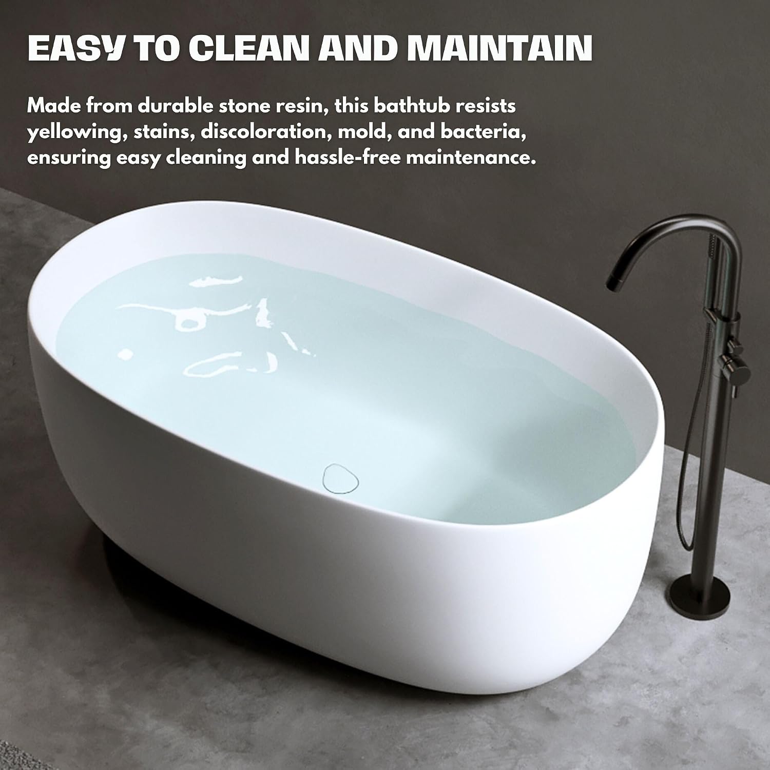 H2O Rectangular 59 in. x 30.7 in. Solid Surface Stone Resin Freestanding Bathtub, 13 in. Soaking Depth, Ergonomic Backrest, Matte White, Center Drain with Overflow, Durable, Easy to Clean