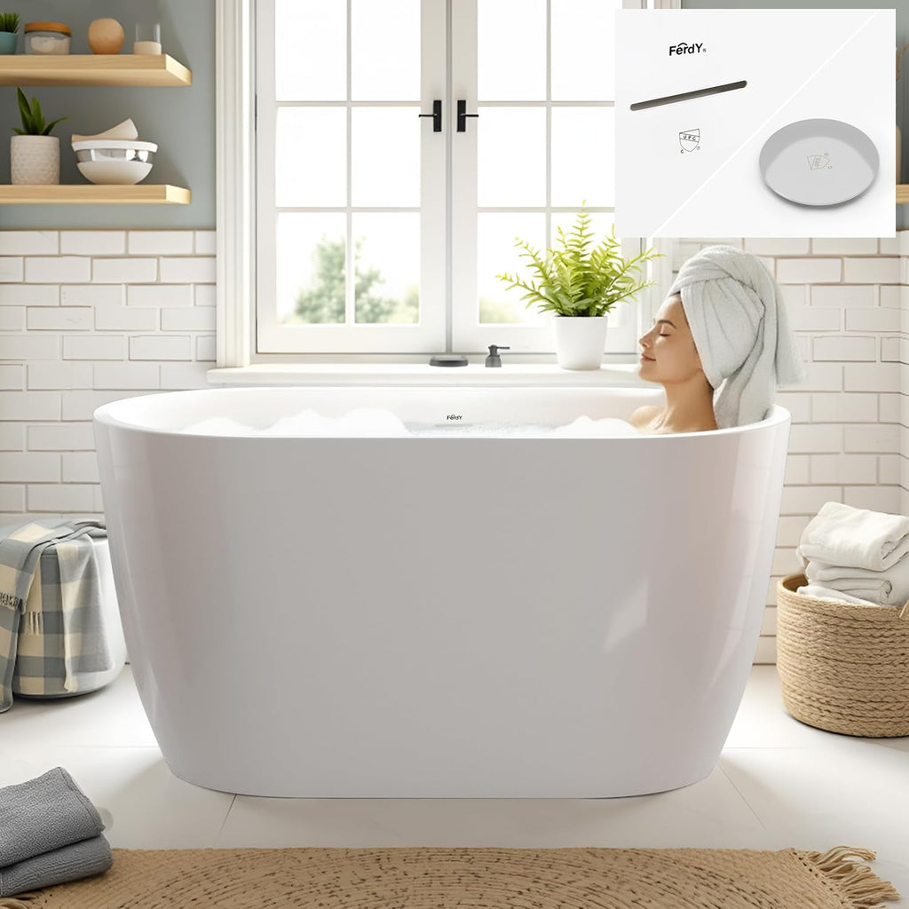 FerdY 47' Acrylic Freestanding Bathtub, Contemporary Soaking tub with Chrome Drain & Overflow, cUPC Certified, Elegant Oval Shape, Bali