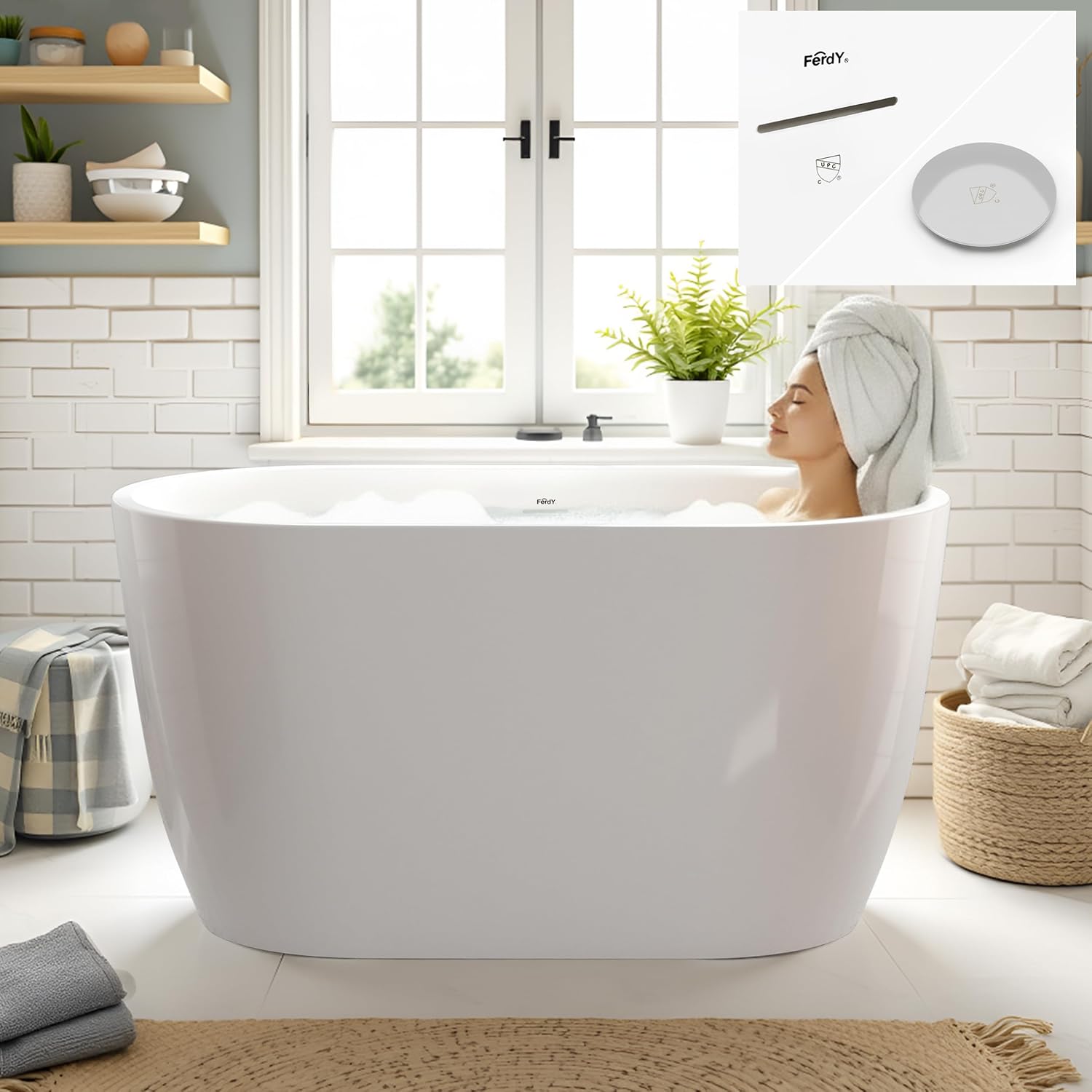 FerdY 47' Acrylic Freestanding Bathtub, Contemporary Soaking tub with Chrome Drain & Overflow, cUPC Certified, Elegant Oval Shape, Bali