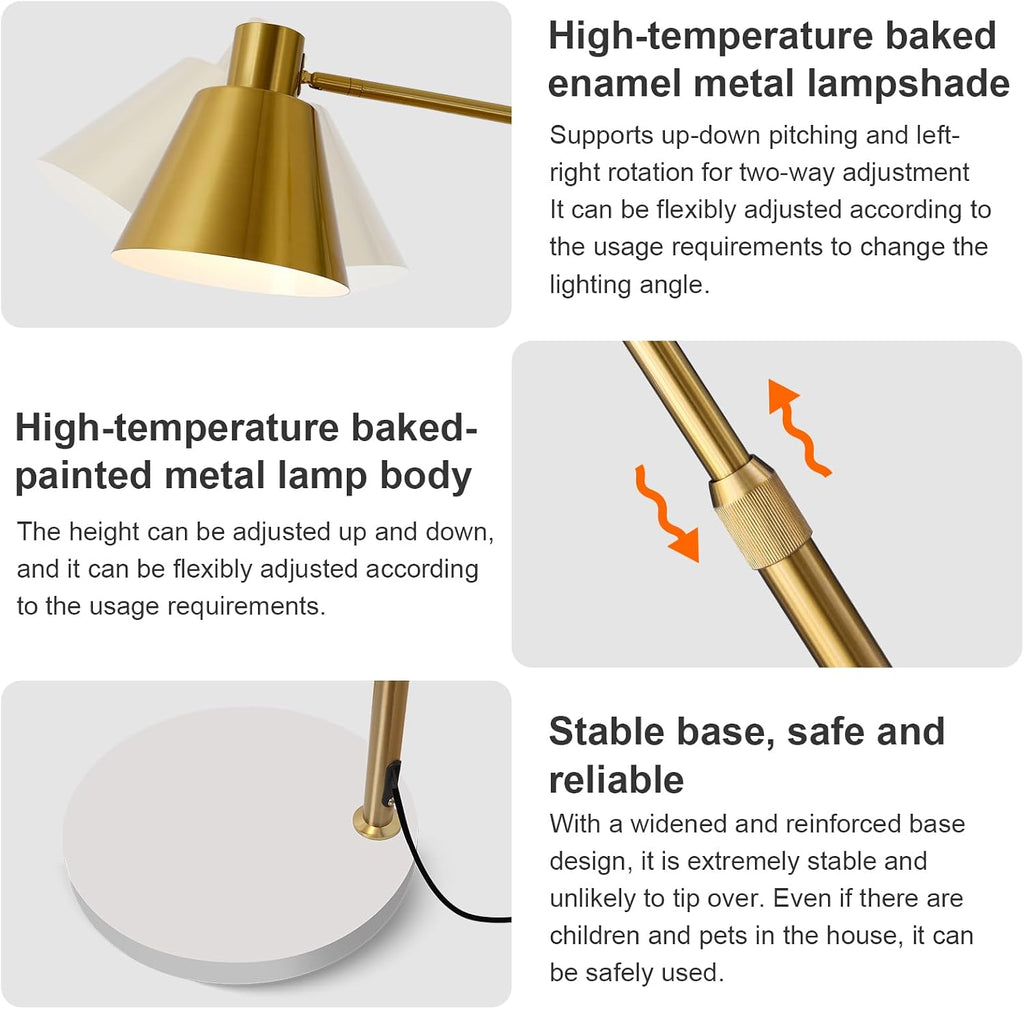 Gold Brushed Floor Lamp with Side Table for Living Room Bedroom, Modern Standing Lamp 12W LED 3-Color Dimmable 3000K/4500K/6500K, Adjustable Gooseneck Reading Light with Wood Shelf for Office Corner