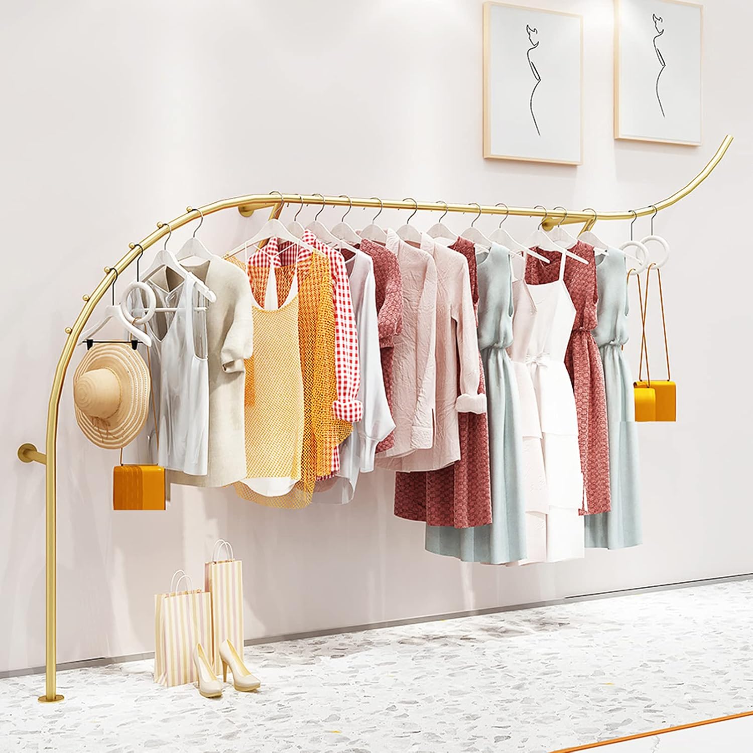 Industrial Pipe Wall Shelving System for Towel and Garment Racks,Creative Display Garment Racks in Boutique Clothing Stores,Modern Retail Clothing Rail garm(300cm