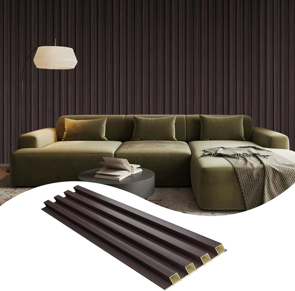 OUZUGIE WPC Acoustic Slat Wall Paneling, 8-Pack 96 x 6 Inches 3D Wall Panels for Interior Wall Decor,Living Room,TV Background,Study Room,Office Spaces,Bedroom,High Grille (Walnut)