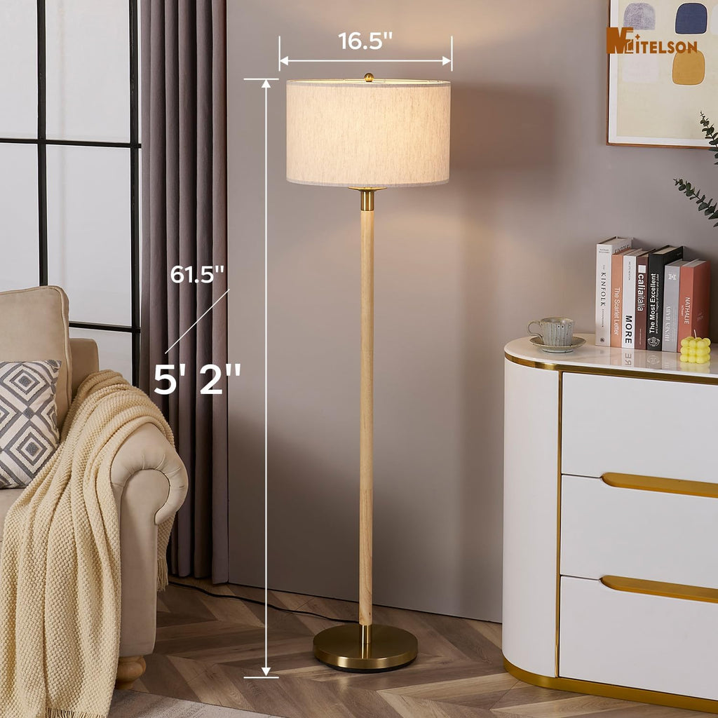 Floor Lamp, Modern Lamp with Dimmer Switch and Bulb, Mid Century Lamp with Linen Shade, Great Living Room Décor, Tall Lamp, Standing Lamp for Bedroom and Office, Natural Wood