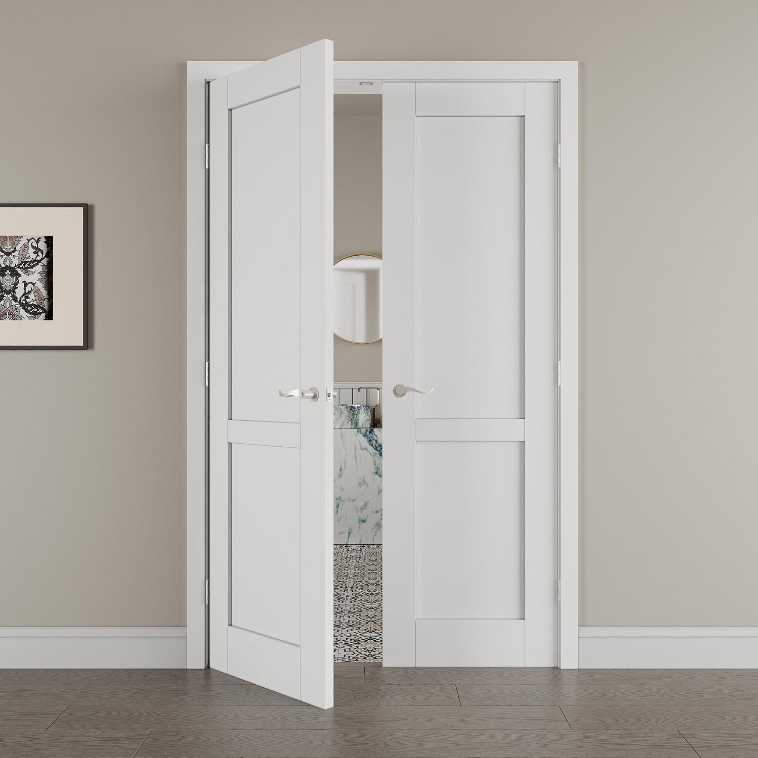 56' x 80' French Doors Interior (Double 28' x 80' 2-Lite Panel Door with Silver Hinge Prehung Jamb Kit), Pre-Finished & Paintable, Prebuilt Home Door Panels & Assembly Required Jamb