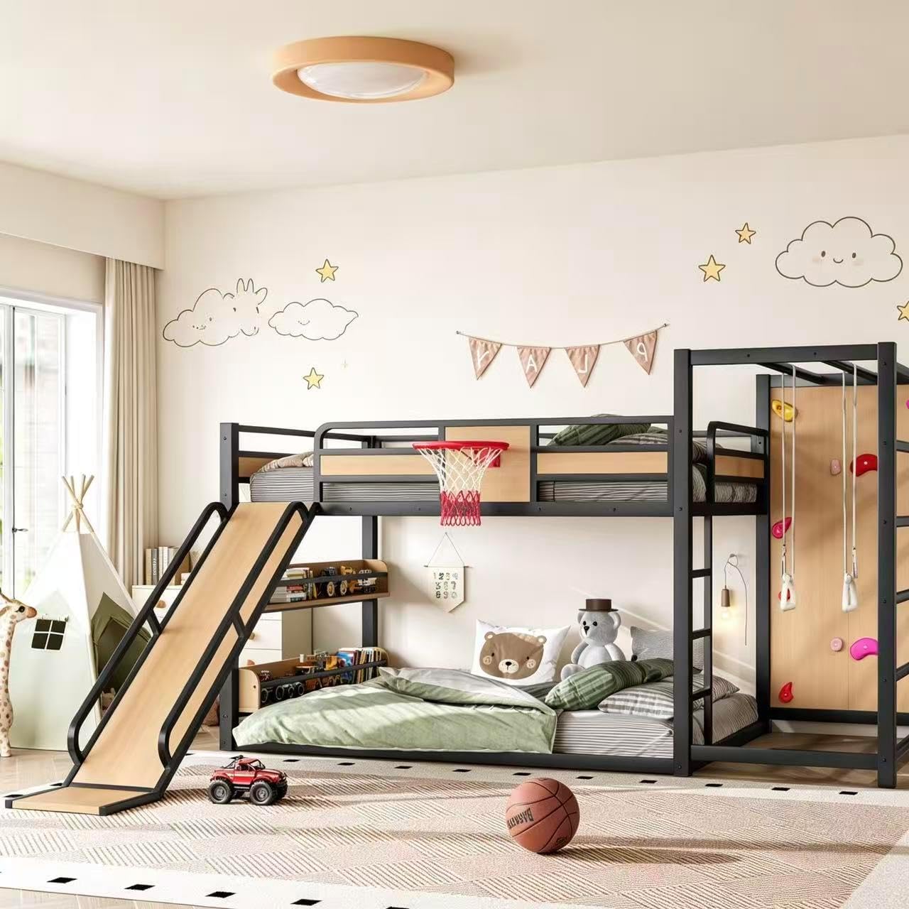 Metal Full Over Full Bunk Bed with Slide & Bookshelf, Heavy Duty Bunk Bed Frame with Basketball Hoop, Pull-Up Rings and Climbing Wall, Playhouse Bunk Beds for Boys and Girls, Yellow