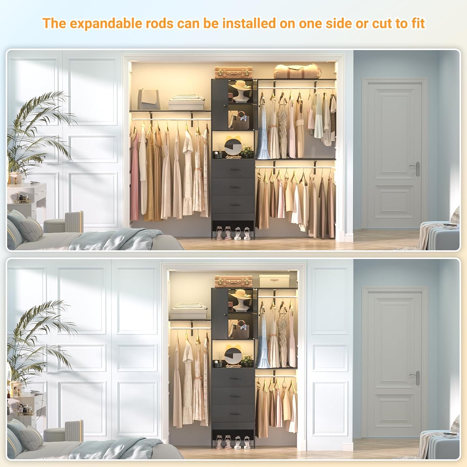 Armocity 96 Inches Closet System with Doors, 8FT Walk In Closet Organizer with 3 Shelving Towers, Heavy Duty Clothes Garment Rack with 3 Wood Drawers, 96' L x 16' W x 80' H, Max Load 1000 LBS, Black