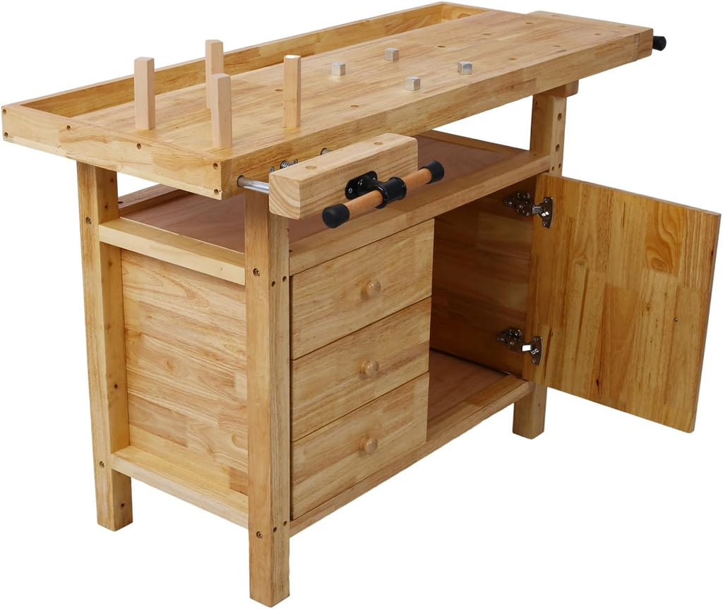 Gecheer Wooden Workbench for Garage and Workshop – Rubberwood Table with 3 Drawers, 1 Cabinet, Bar Clamps Set (2x12 + 2x24), 55'x24.4'x33.1'