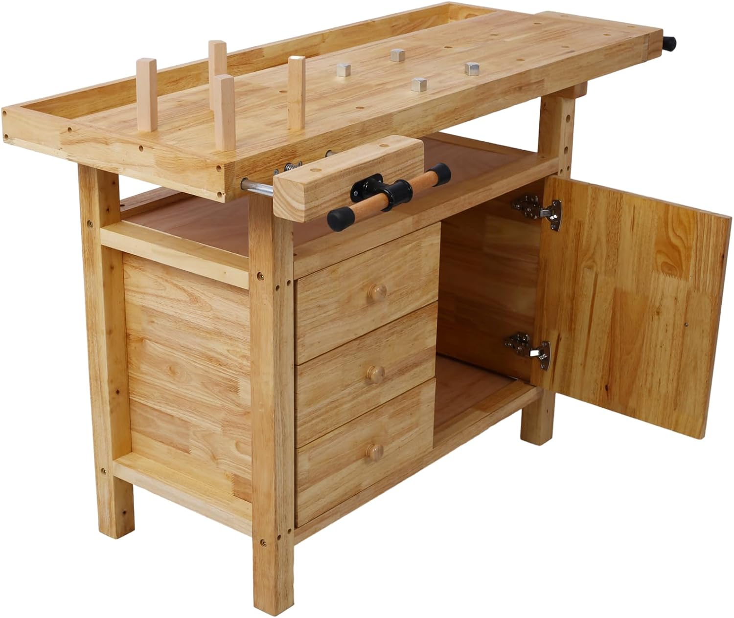 Gecheer Wooden Workbench for Garage and Workshop – Rubberwood Table with 3 Drawers, 1 Cabinet, Bar Clamps Set (2x12 + 2x24), 55'x24.4'x33.1'