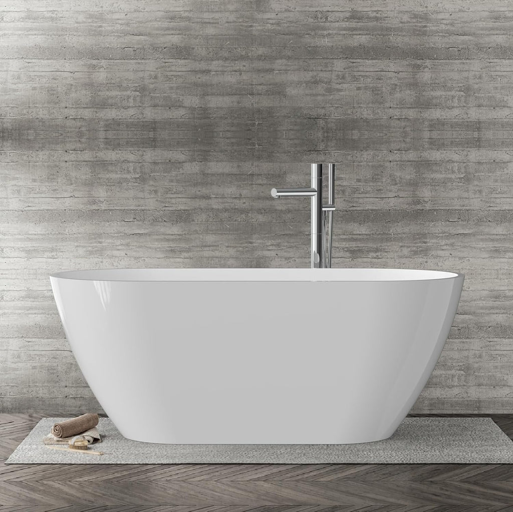 59 Inch Acrylic Freestanding Bathtub, Acrylic Soaking Bathtub with Matte Drain and Overflow, Deep Ergonomic Tub with Double-Walled Insulation, CUPC Certified, Modern Square Design