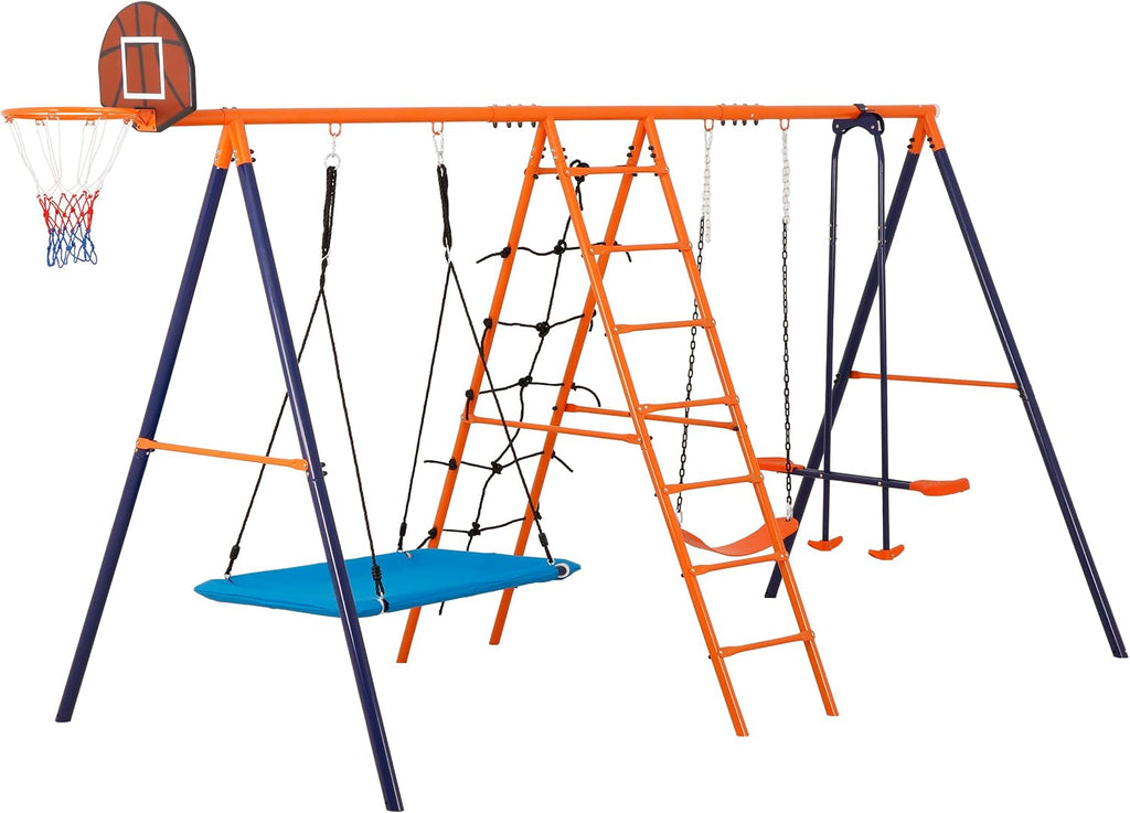 Nouva 6 in 1 Metal Swing Sets for Backyard - Heavy-Duty Kids Outdoor Combo w/2 Swings & Climbing Ladder & Nets & Seesaw & Basketball Hoop - Swing Stand Set for Playground, Playset