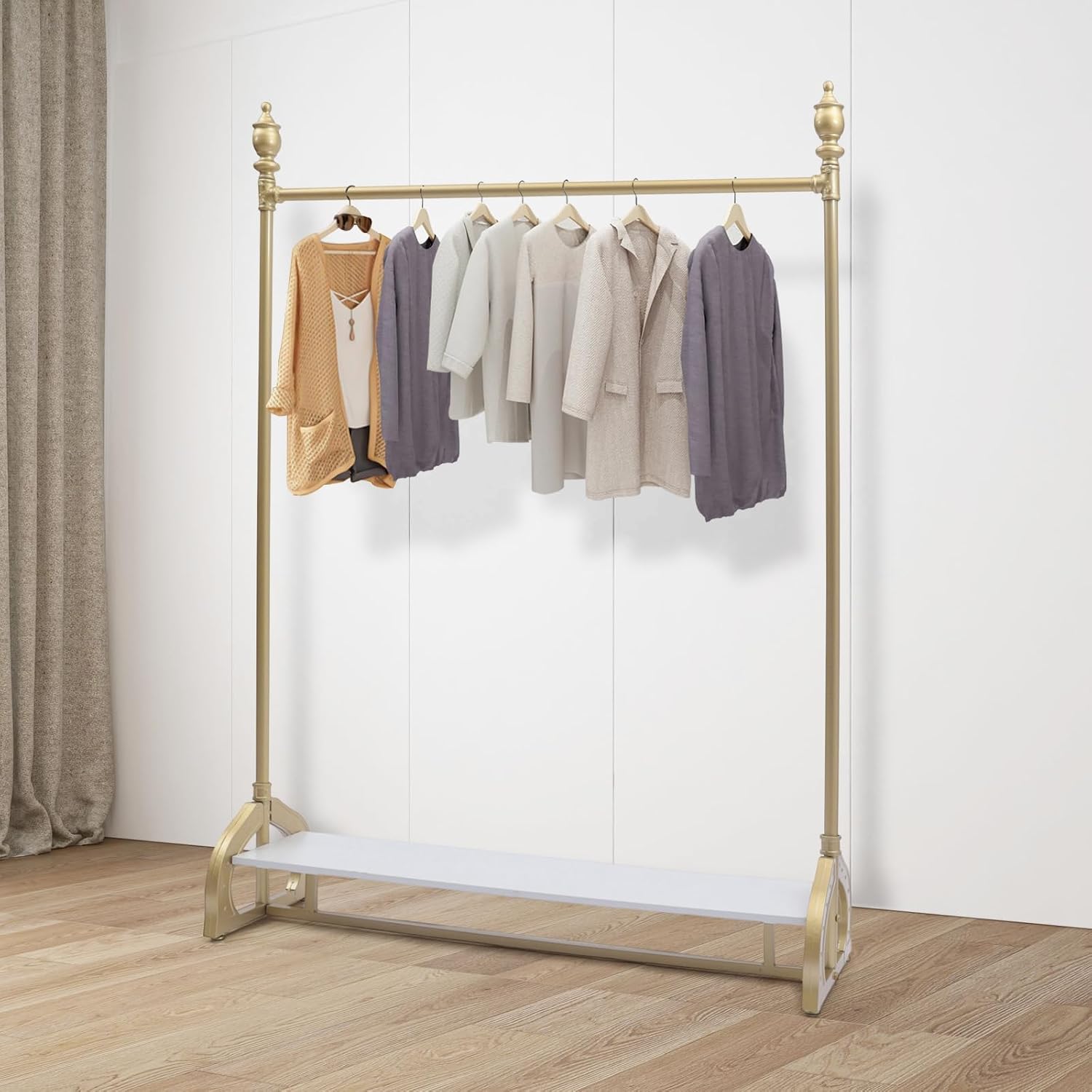 Clothes Rack on wheels, Gold Clothing Rack with Bottom Wood Storage Shelf, Heavy Duty Metal Frame Pipe Industrial Rolling Garment Rack for Hanging Clothes, Coats, 47' L x 16' W x 67' H
