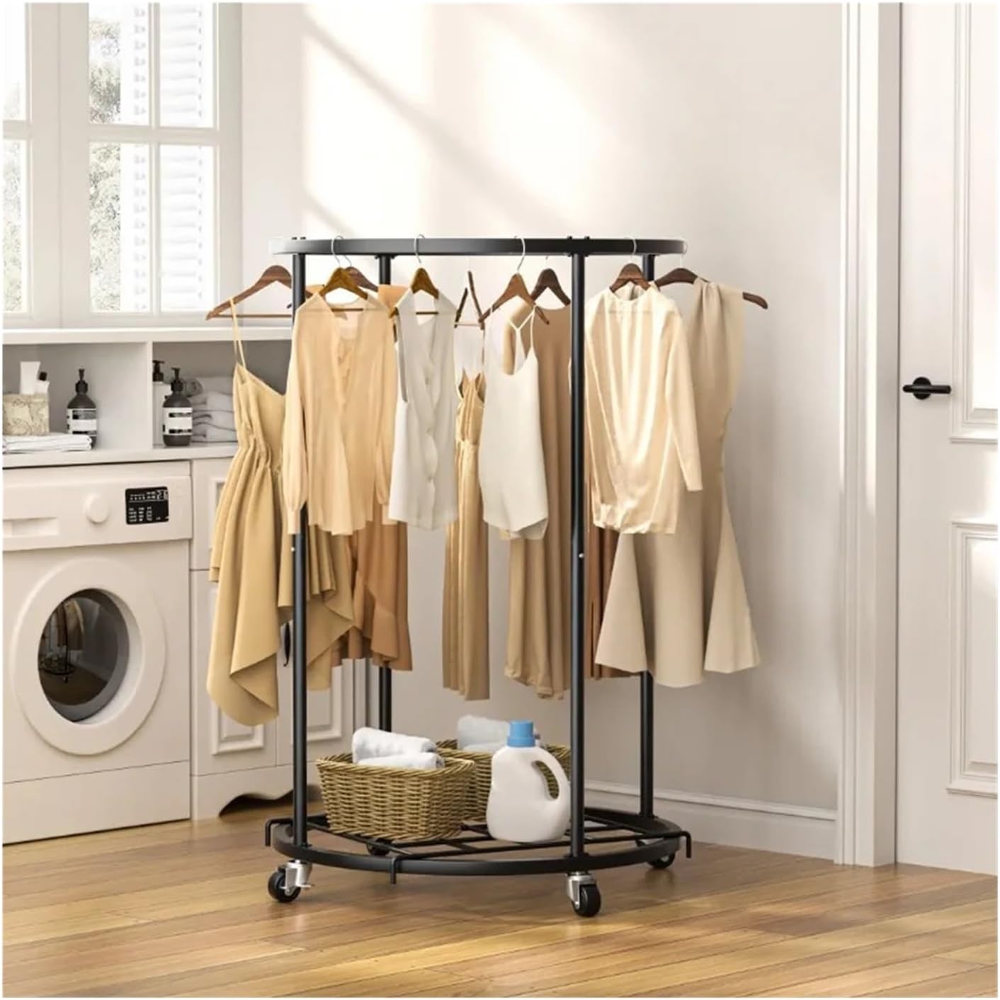 Rolling Clothing Rack Clothing Garment Rack Round Clothes Rack with 4 Universal Wheels(Color1)