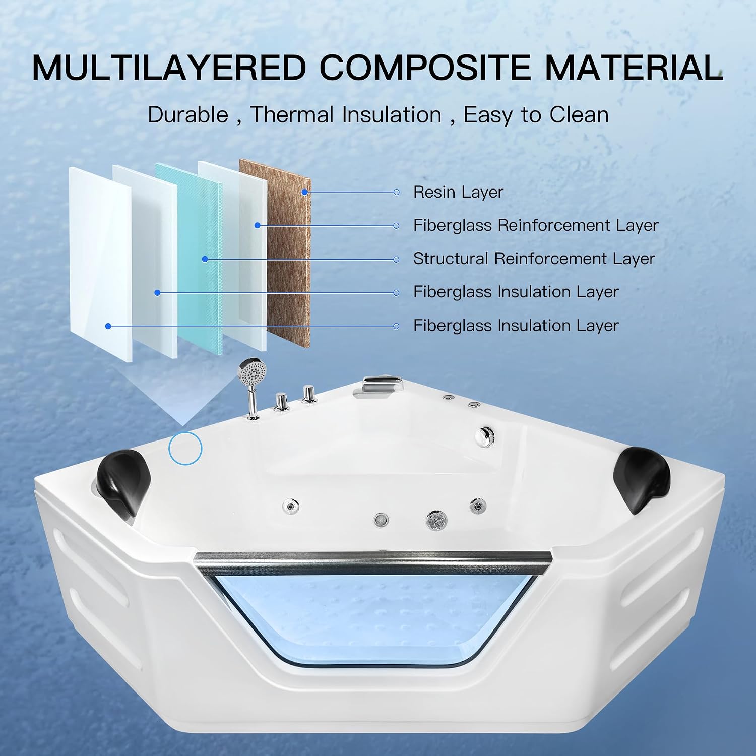 Corner Bathtub - 59'Jetted Soaking Bathtub for 2 Person with 7 Color Lights - Home Spa Bath tub with 6 Jets Hydro Massage Acrylic Soaking Tub with Double Pillow Chromatherapy - ETL Certified