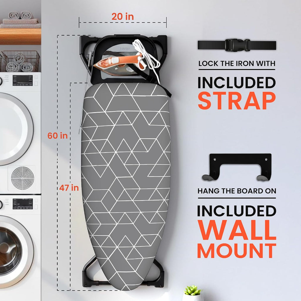 Xabitat Extra Wide Ironing Board 60' X 20' with Wheels & Wall Mount Hanger | Full Metal Iron Board | Built in Iron Caddy | Heat & Scorch Resistant Cover| Heavy Duty | Wide Leg