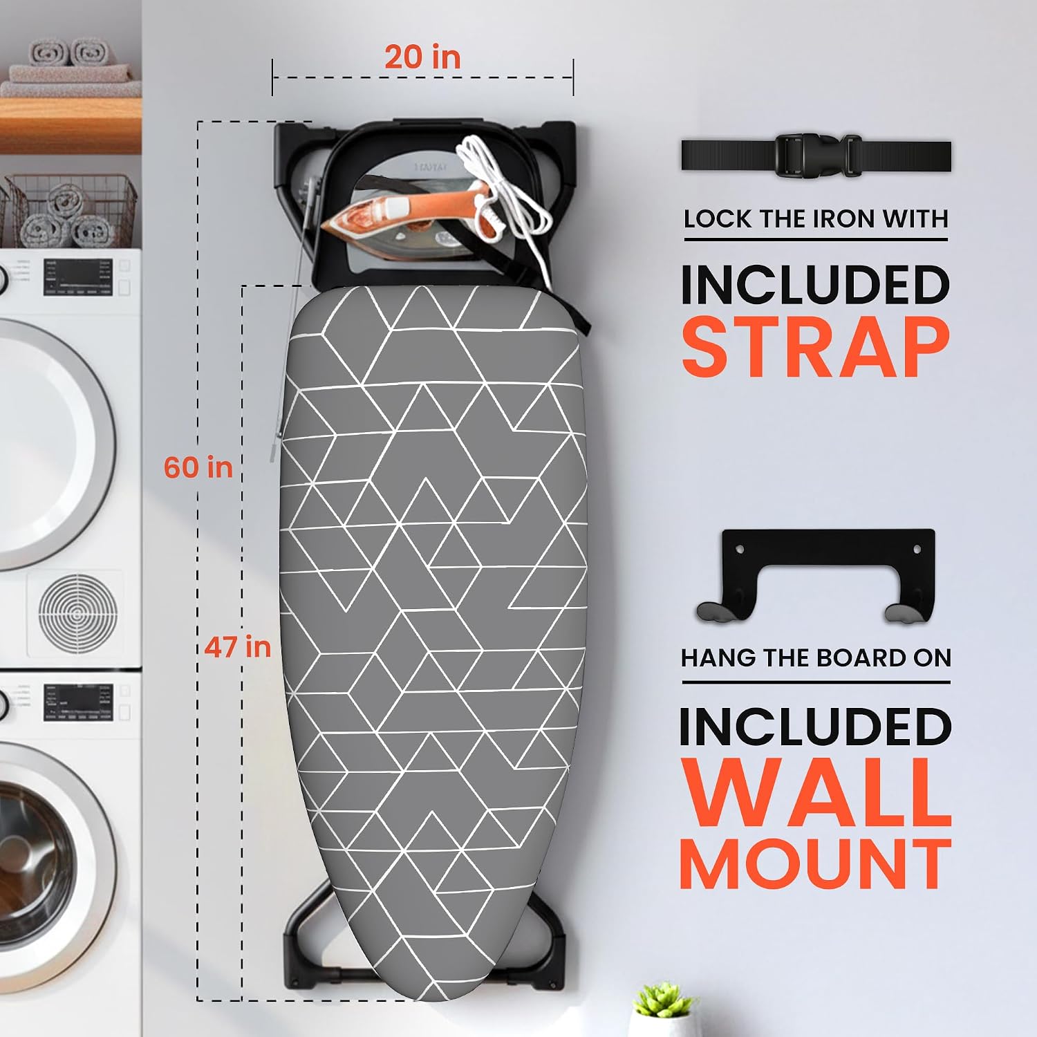 Xabitat Extra Wide Ironing Board 60' X 20' with Wheels & Wall Mount Hanger | Full Metal Iron Board | Built in Iron Caddy | Heat & Scorch Resistant Cover| Heavy Duty | Wide Leg